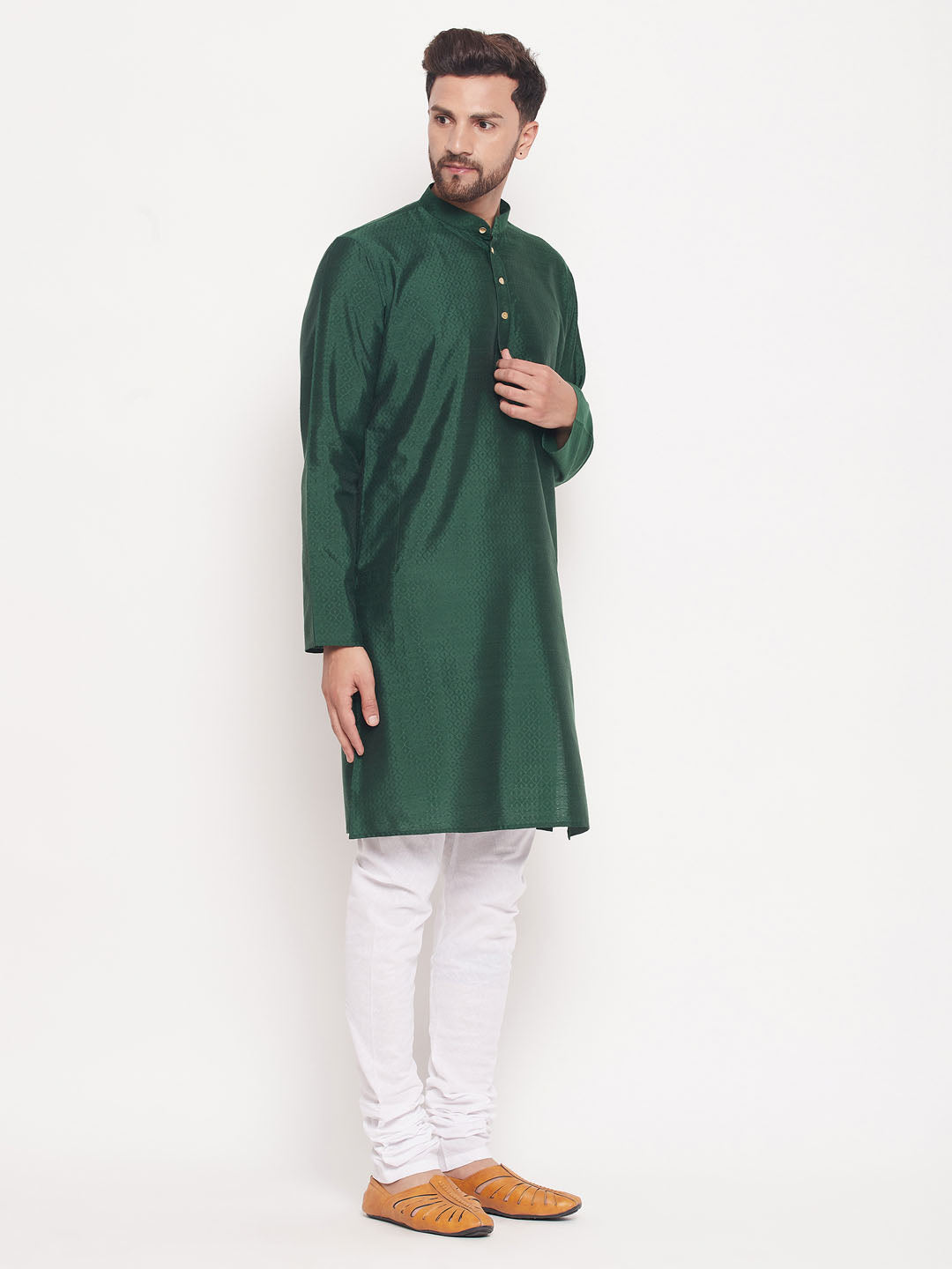 Sarvati Men's Green Square Woven Silk Blend Kurta With White Pyjama Set