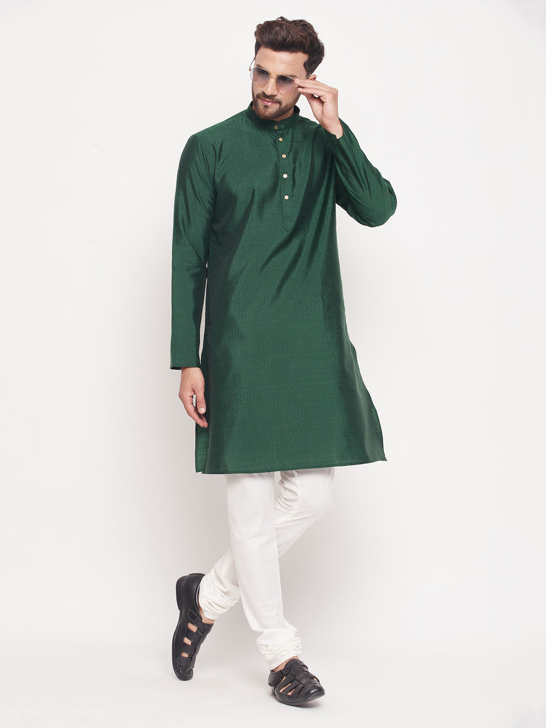 Sarvati Men's Green Square Woven Silk Blend Kurta With Cream Pyjama Set