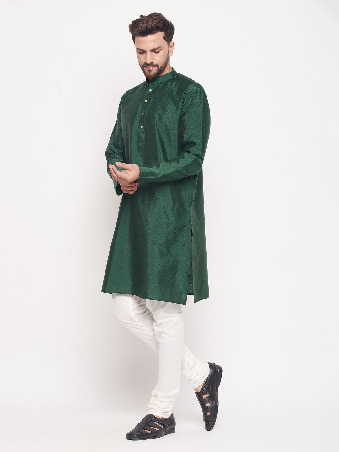Sarvati Men's Green Square Woven Silk Blend Kurta With Cream Pyjama Set