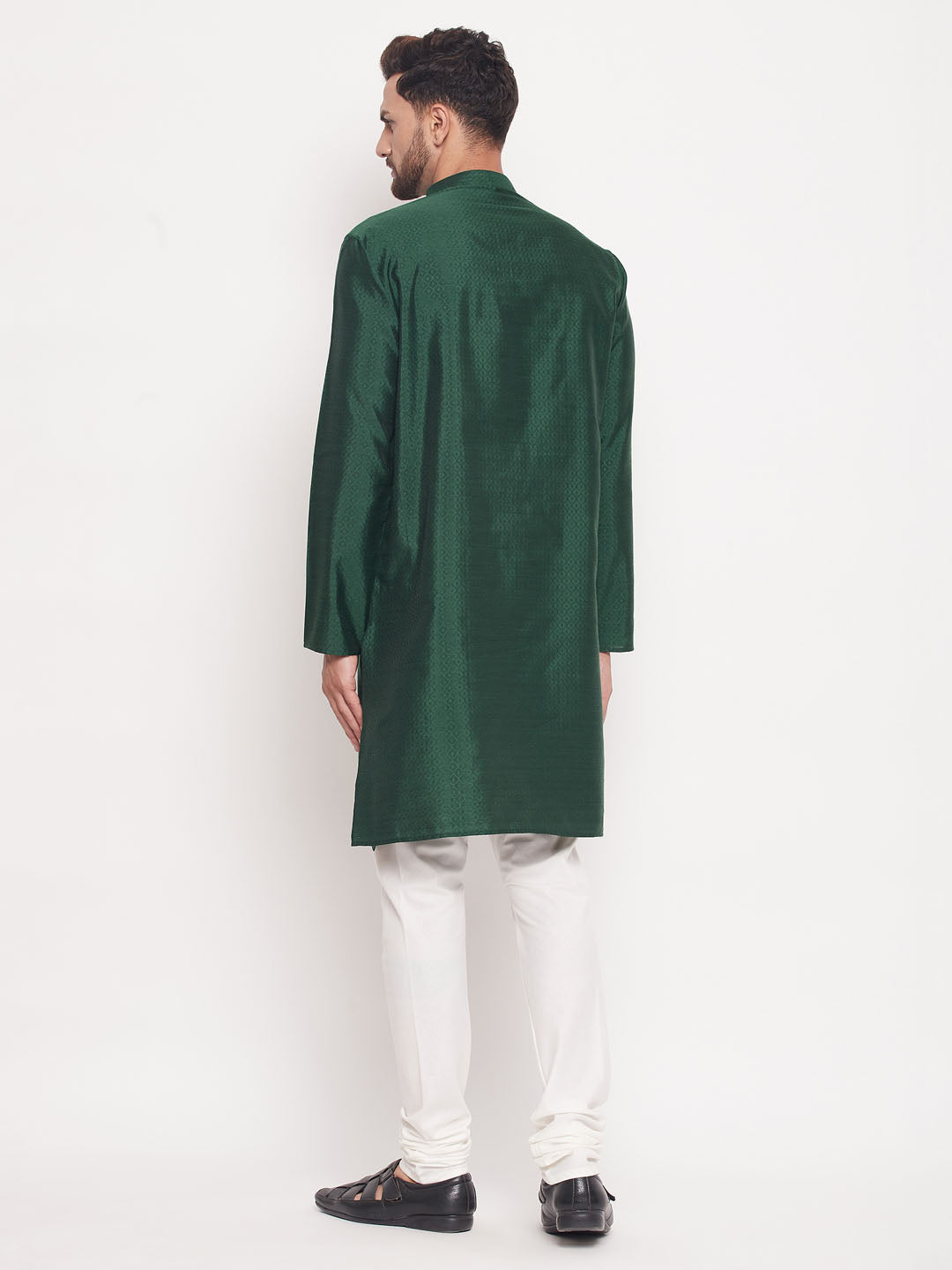 Sarvati Men's Green Square Woven Silk Blend Kurta With Cream Pyjama Set