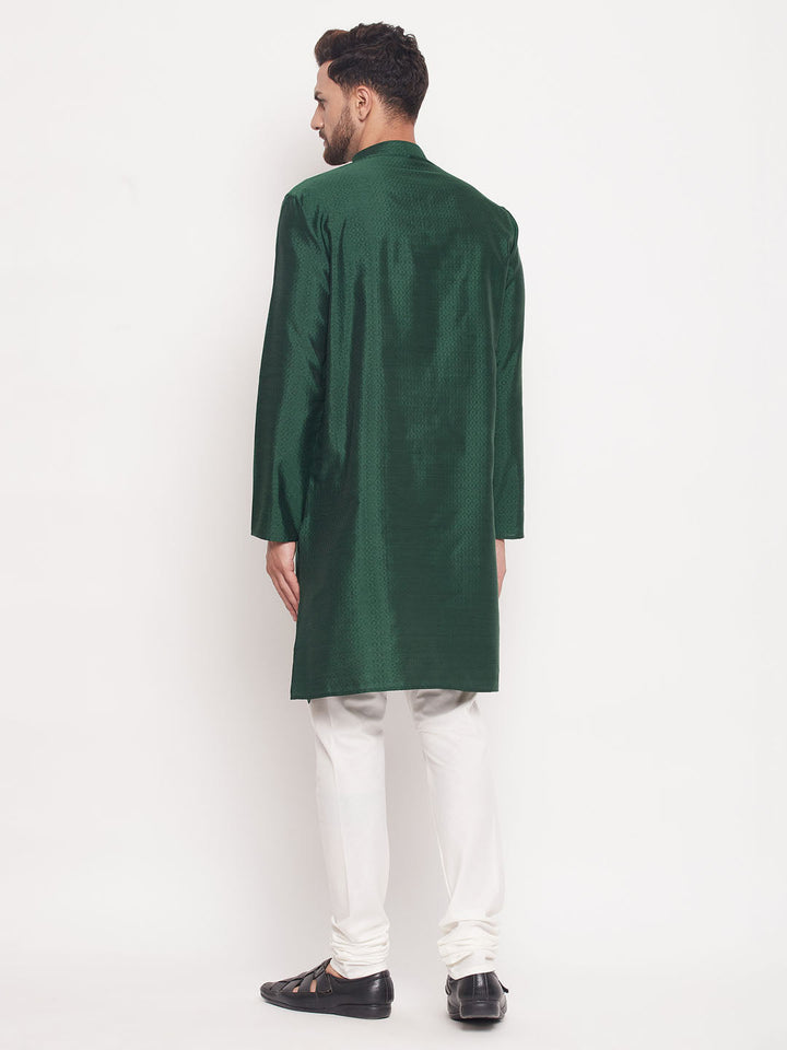 Sarvati Men's Green Square Woven Silk Blend Kurta With Cream Pyjama Set