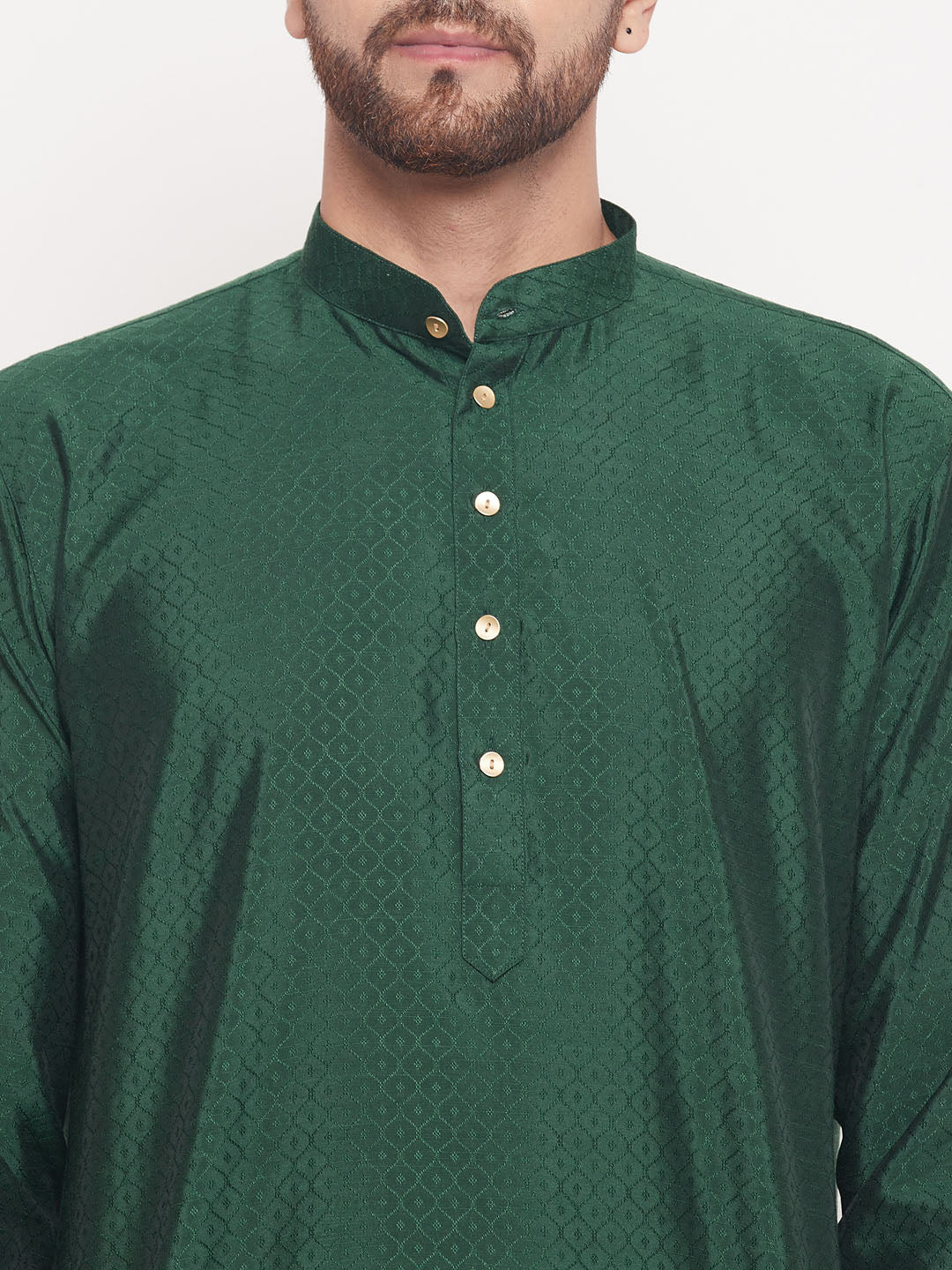 Sarvati Men's Green Square Woven Silk Blend Kurta With Cream Pyjama Set
