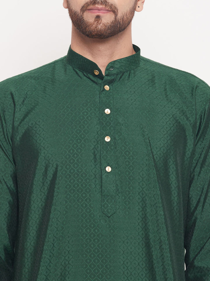 Sarvati Men's Green Square Woven Silk Blend Kurta With Cream Pyjama Set