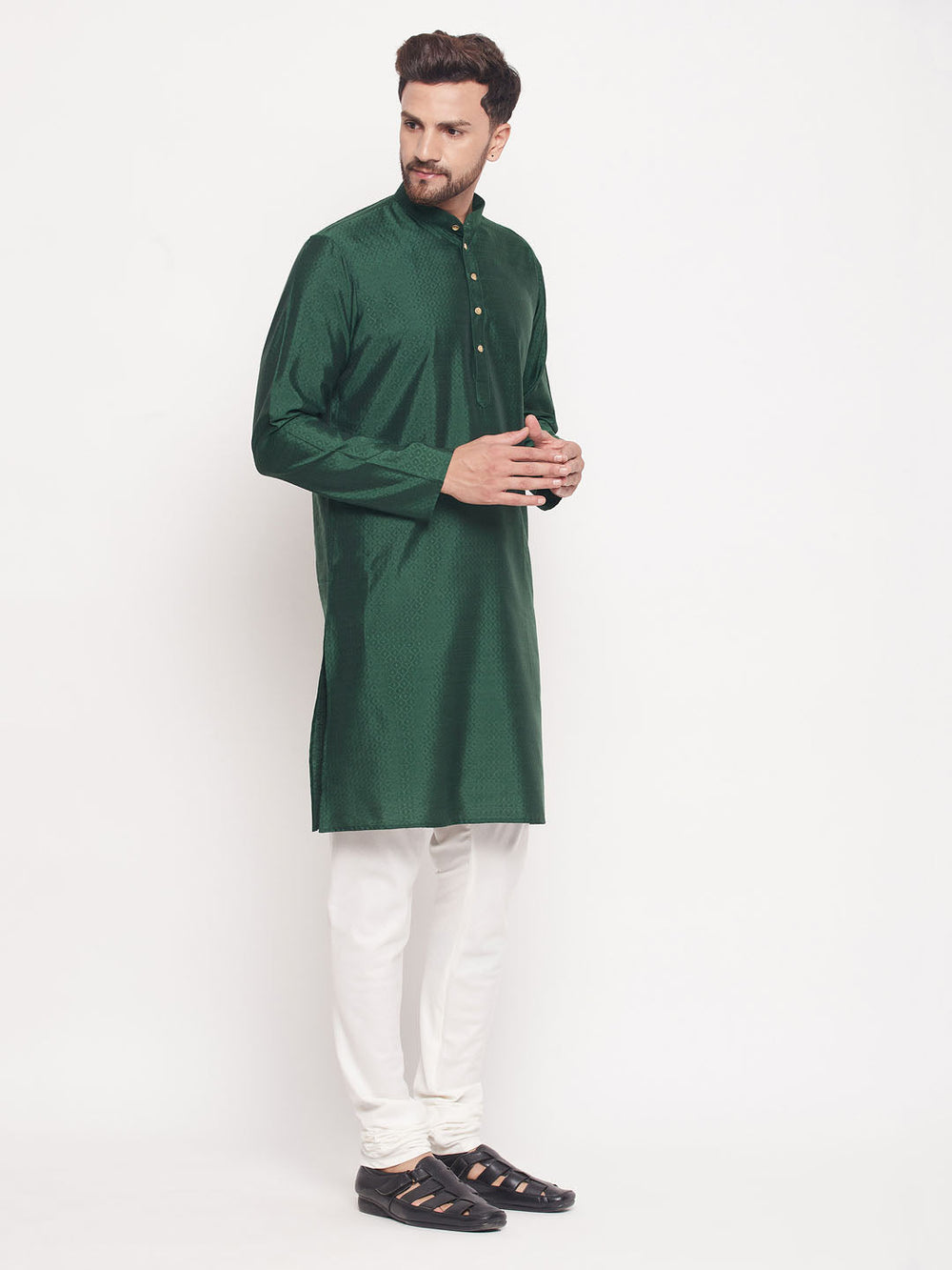 Sarvati Men's Green Square Woven Silk Blend Kurta With Cream Pyjama Set