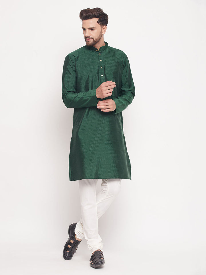 Sarvati Men's Green Square Woven Silk Blend Kurta With Cream Pyjama Set
