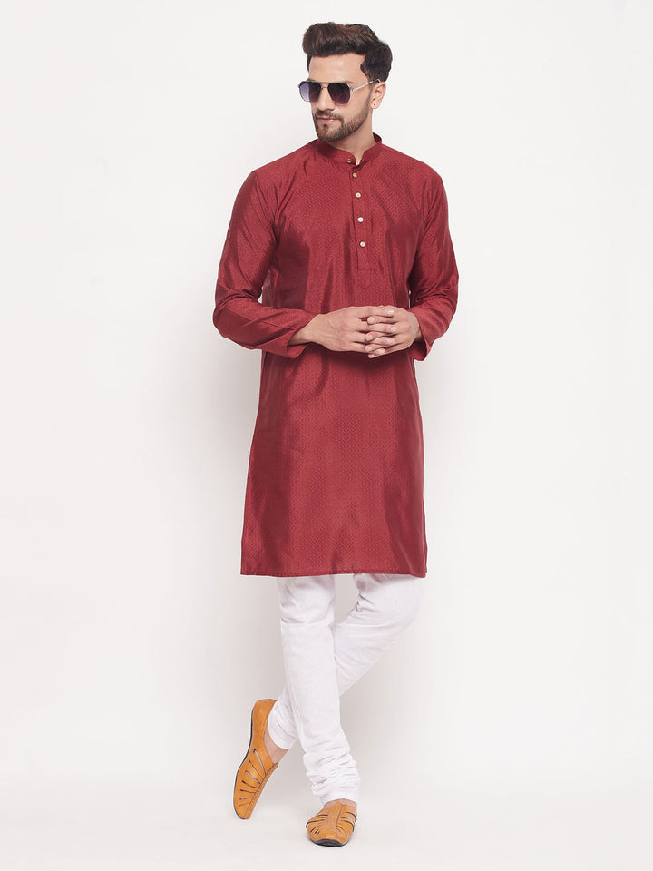 Sarvati Men's Maroon Square Woven Silk Blend Kurta With White Pyjama Set