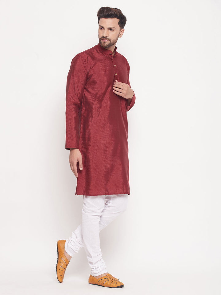 Sarvati Men's Maroon Square Woven Silk Blend Kurta With White Pyjama Set