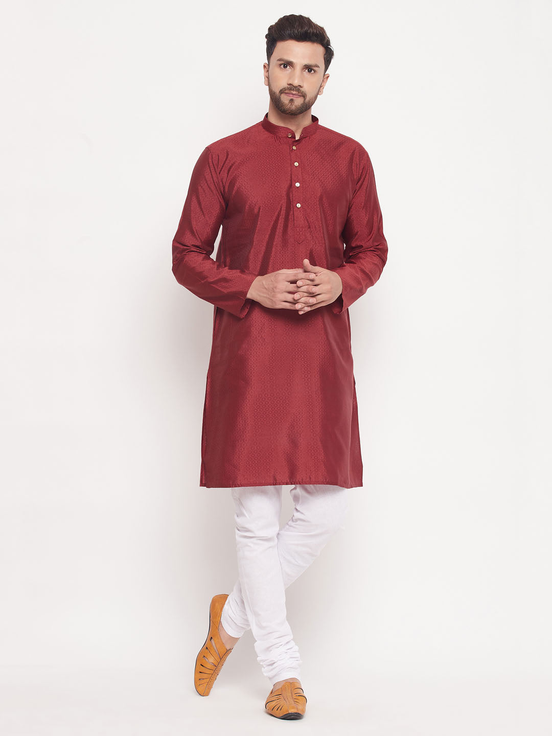 Sarvati Men's Maroon Square Woven Silk Blend Kurta With White Pyjama Set