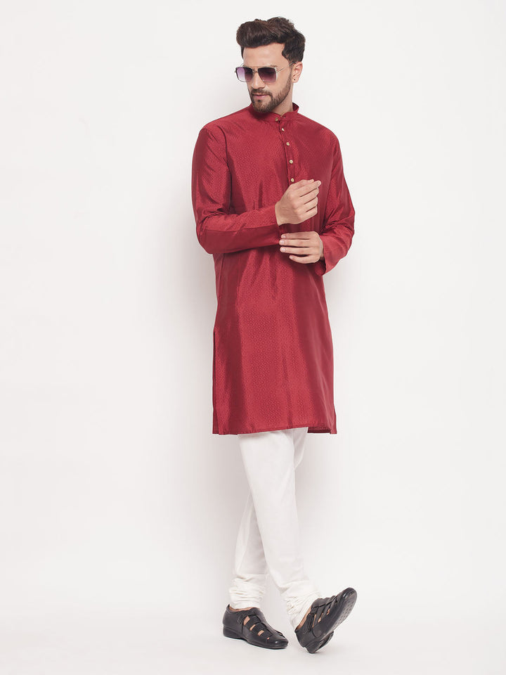 Sarvati Men's Maroon Square Woven Design Silk Blend Kurta With Cream Pyjama Set