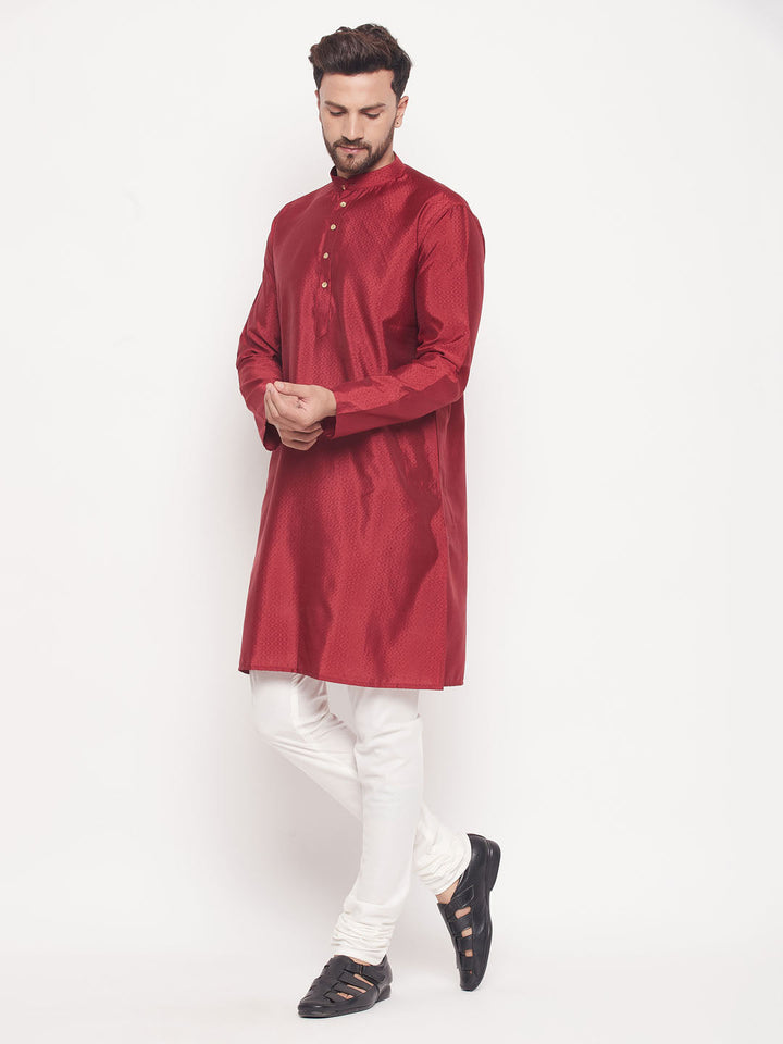 Sarvati Men's Maroon Square Woven Design Silk Blend Kurta With Cream Pyjama Set