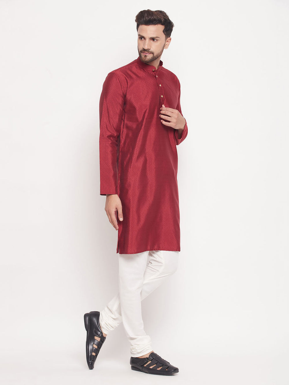 Sarvati Men's Maroon Square Woven Design Silk Blend Kurta With Cream Pyjama Set