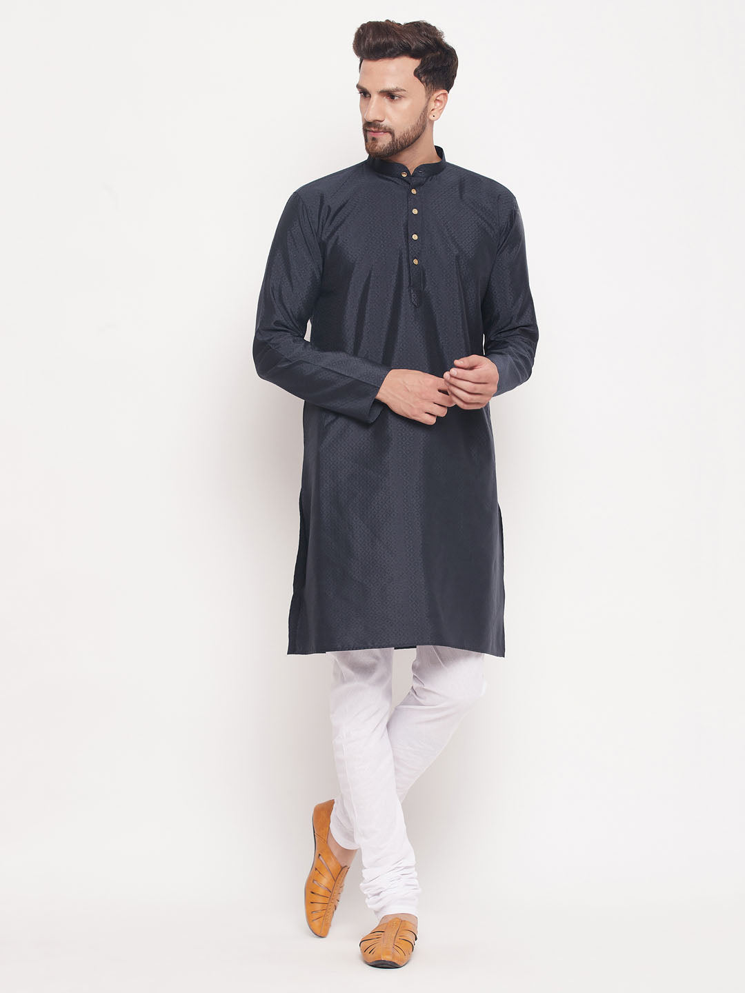 Sarvati Men's Navy Blue Square Woven Silk Blend Kurta With White Pyjama Set