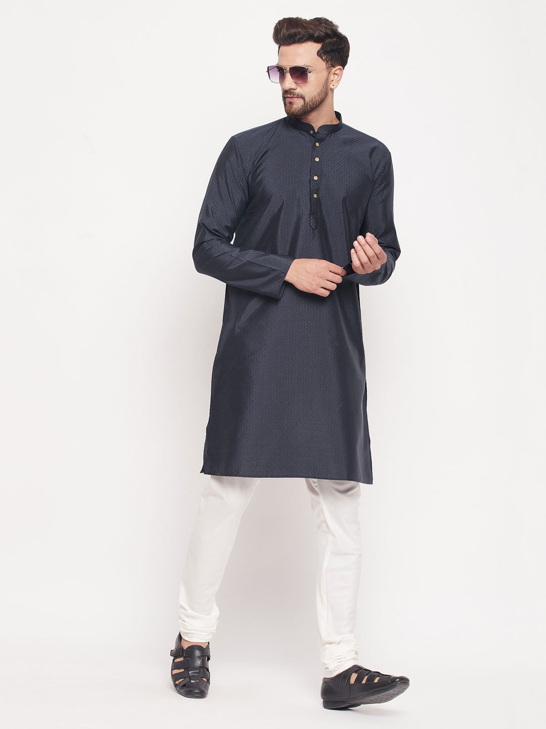 Sarvati Men's Navy Blue Square Woven Silk Blend Kurta With Cream Color Pyjama Set