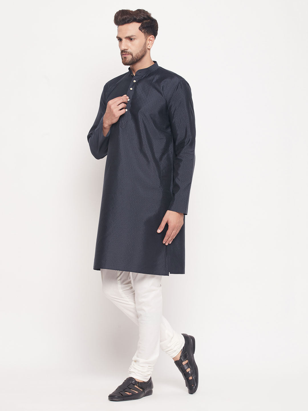 Sarvati Men's Navy Blue Square Woven Silk Blend Kurta With Cream Color Pyjama Set