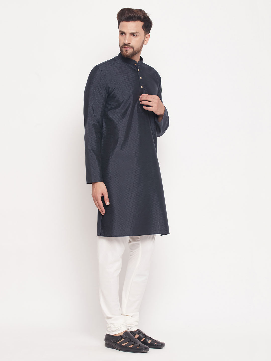 Sarvati Men's Navy Blue Square Woven Silk Blend Kurta With Cream Color Pyjama Set