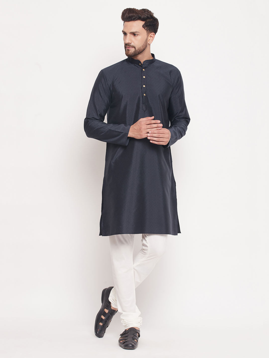 Sarvati Men's Navy Blue Square Woven Silk Blend Kurta With Cream Color Pyjama Set