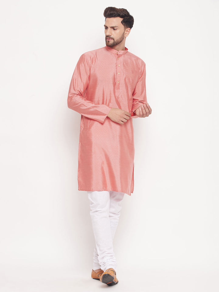 Sarvati Men's Pink Square Woven Design Silk Blend Kurta With White Pyjama Set