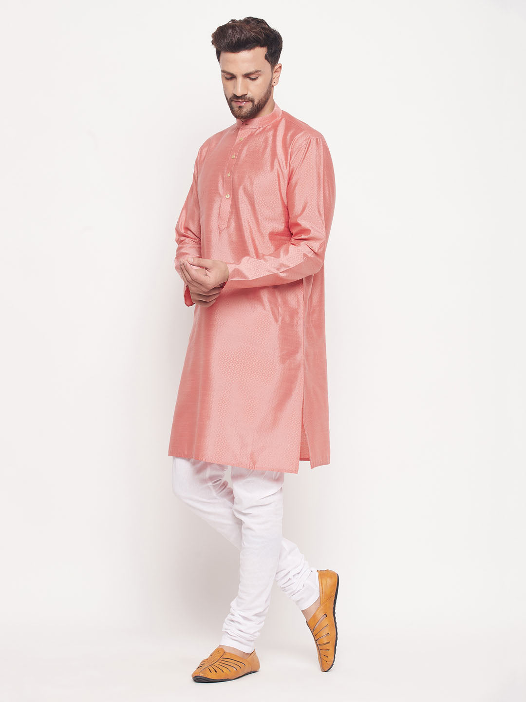 Sarvati Men's Pink Square Woven Design Silk Blend Kurta With White Pyjama Set