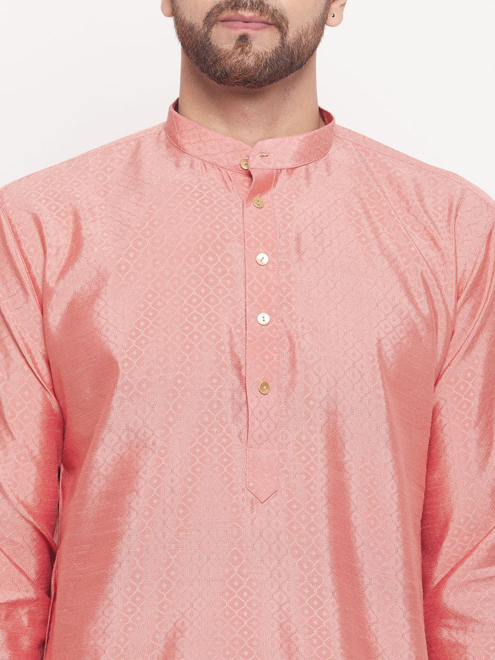 Sarvati Men's Pink Square Woven Design Silk Blend Kurta With White Pyjama Set