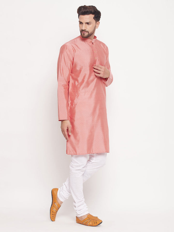 Sarvati Men's Pink Square Woven Design Silk Blend Kurta With White Pyjama Set