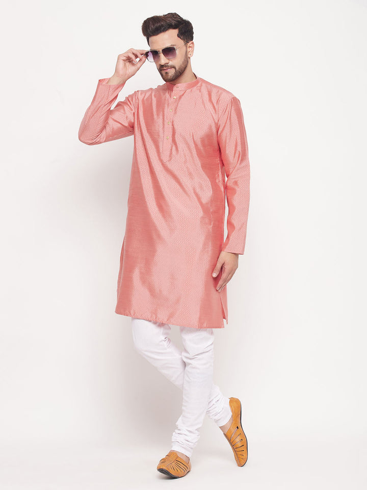 Sarvati Men's Pink Square Woven Design Silk Blend Kurta With White Pyjama Set