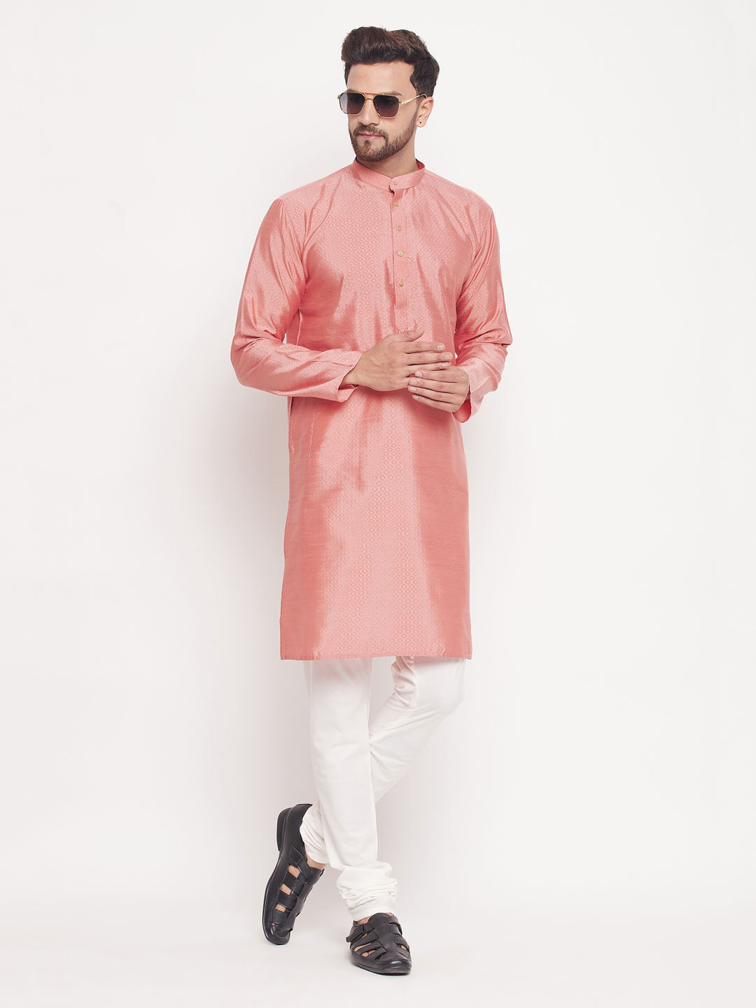 Sarvati Men's Pink Square Woven Design Silk Blend Kurta With Cream Pyjama Set