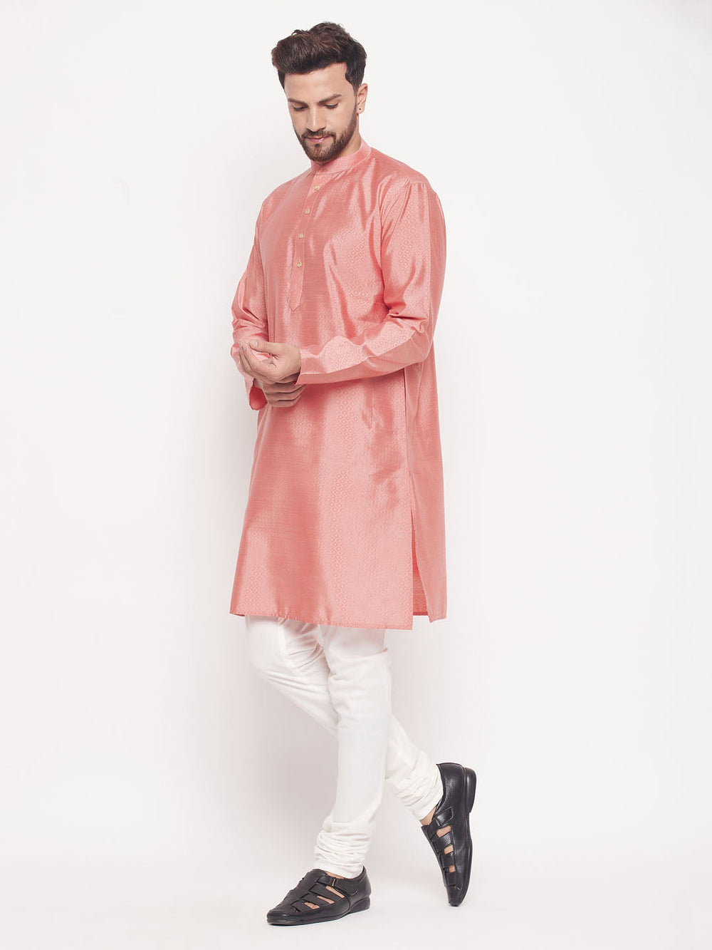 Sarvati Men's Pink Square Woven Design Silk Blend Kurta With Cream Pyjama Set