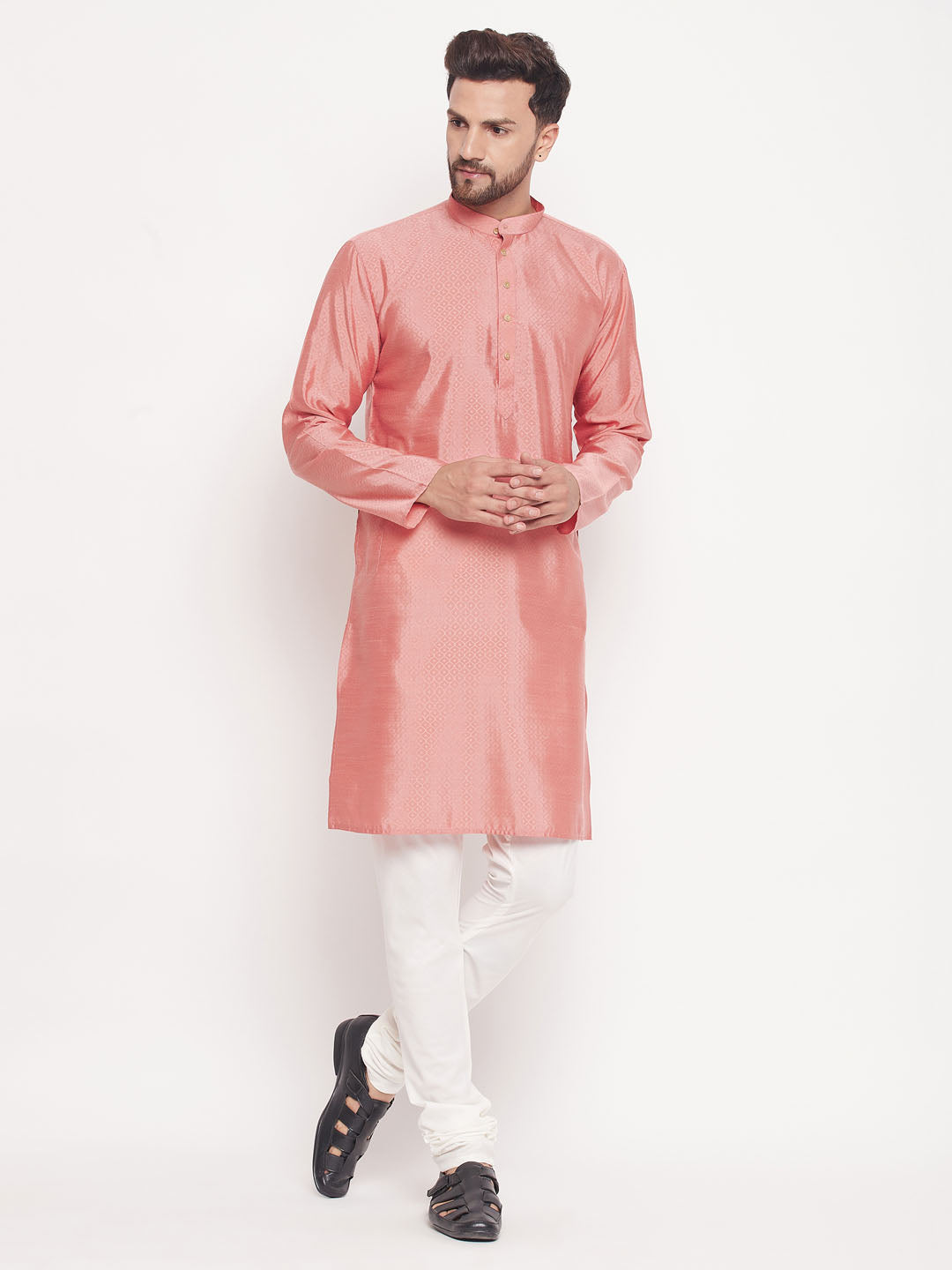 Sarvati Men's Pink Square Woven Design Silk Blend Kurta With Cream Pyjama Set