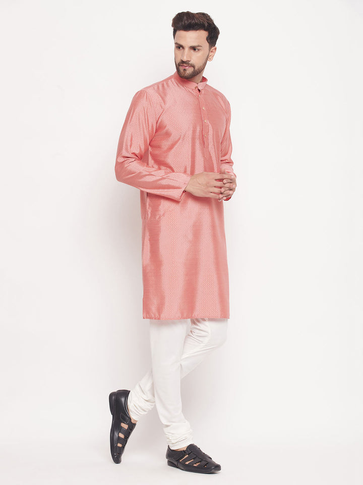 Sarvati Men's Pink Square Woven Design Silk Blend Kurta With Cream Pyjama Set