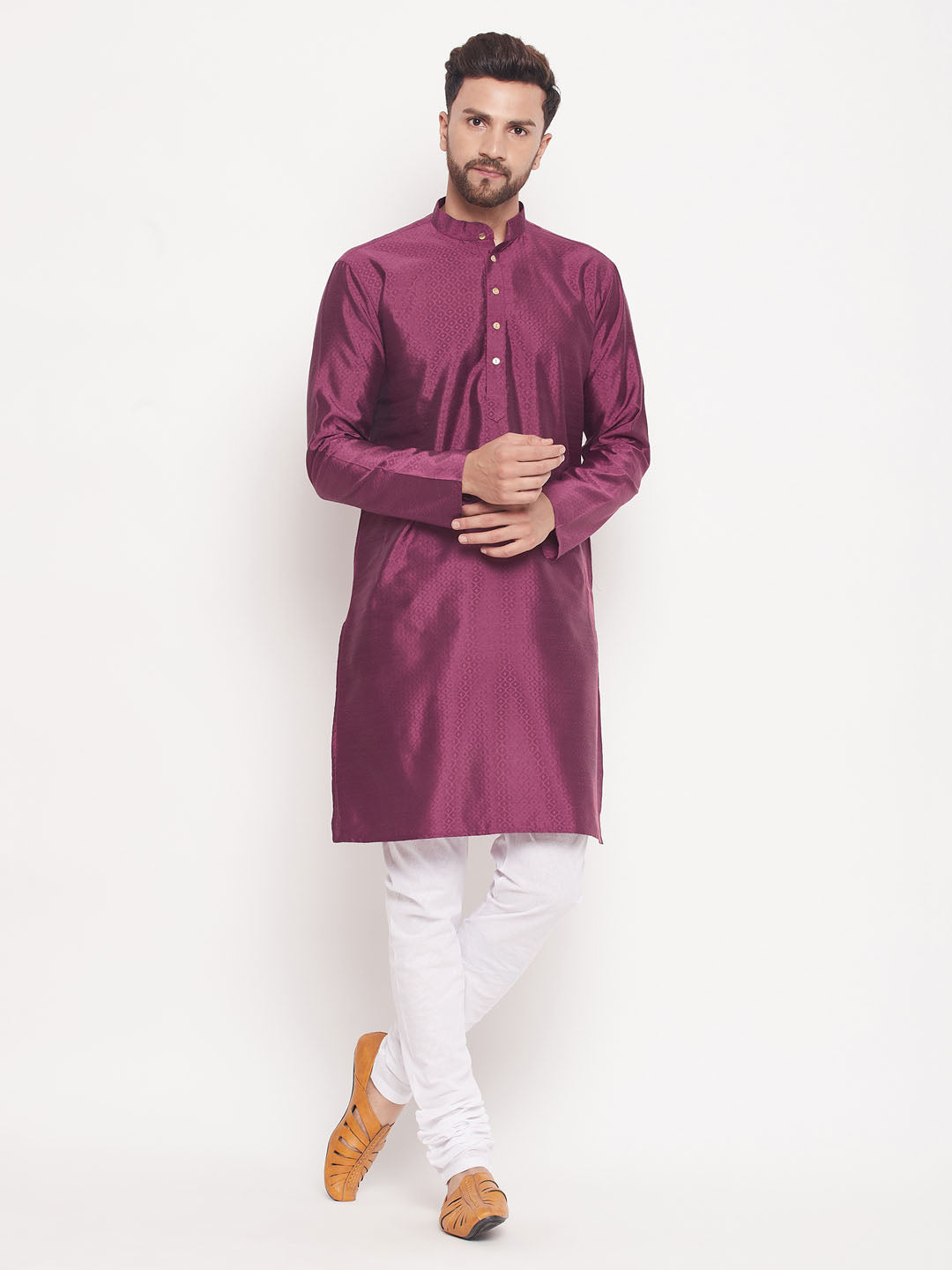 Sarvati Men's Purple Square Woven Silk Blend Kurta With White Pyjama Set