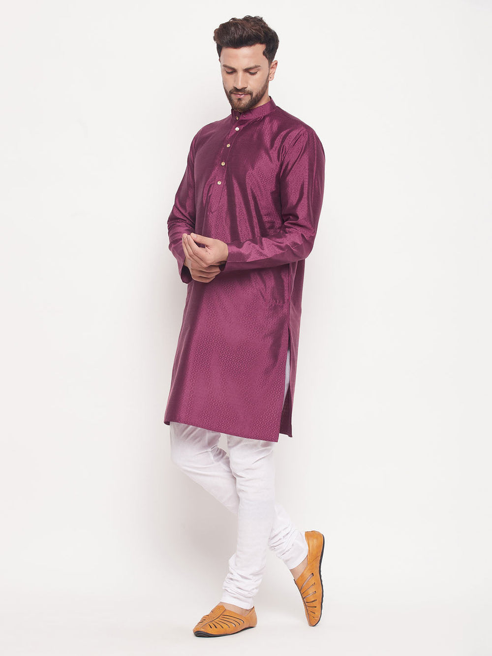 Sarvati Men's Purple Square Woven Silk Blend Kurta With White Pyjama Set