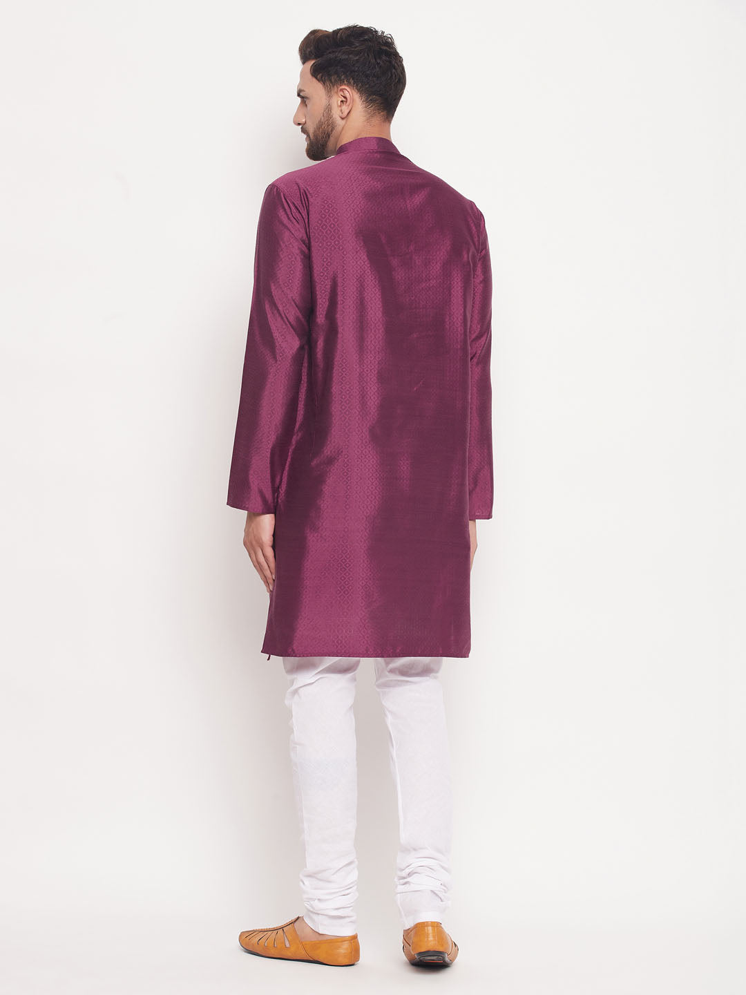 Sarvati Men's Purple Square Woven Silk Blend Kurta With White Pyjama Set