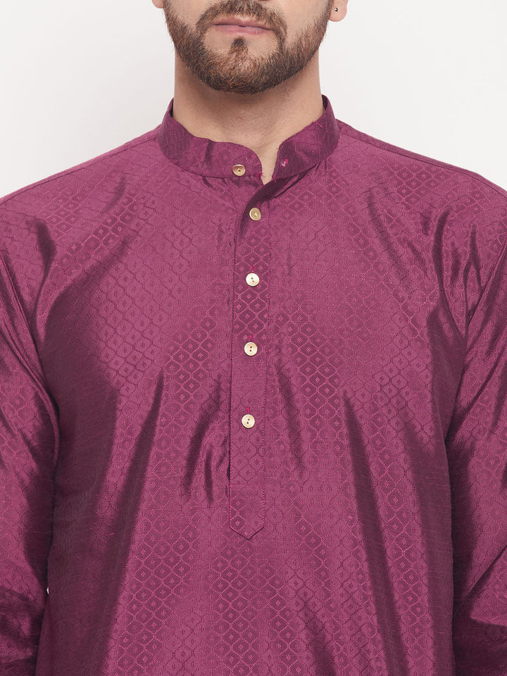 Sarvati Men's Purple Square Woven Silk Blend Kurta With White Pyjama Set