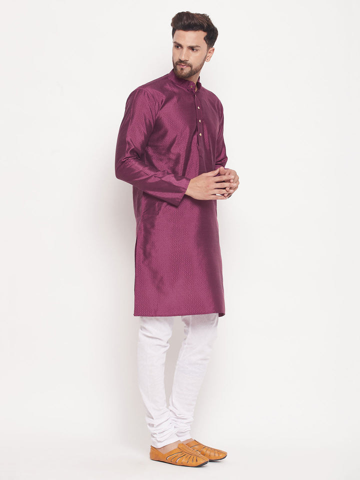 Sarvati Men's Purple Square Woven Silk Blend Kurta With White Pyjama Set