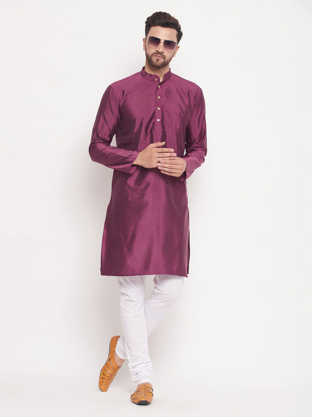 Sarvati Men's Purple Square Woven Silk Blend Kurta With White Pyjama Set