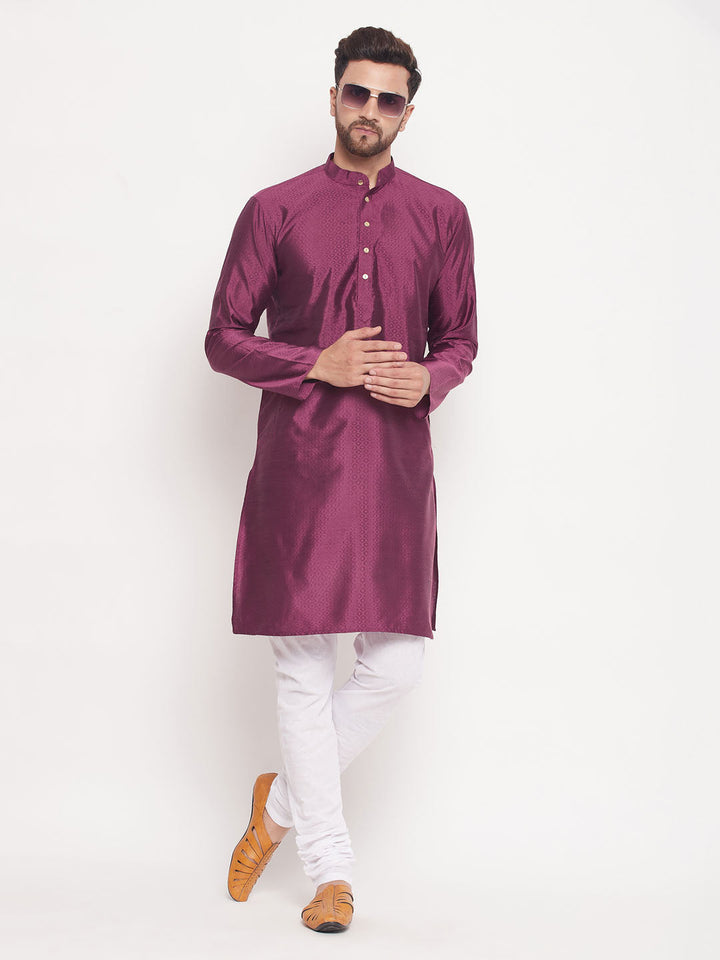 Sarvati Men's Purple Square Woven Silk Blend Kurta With White Pyjama Set