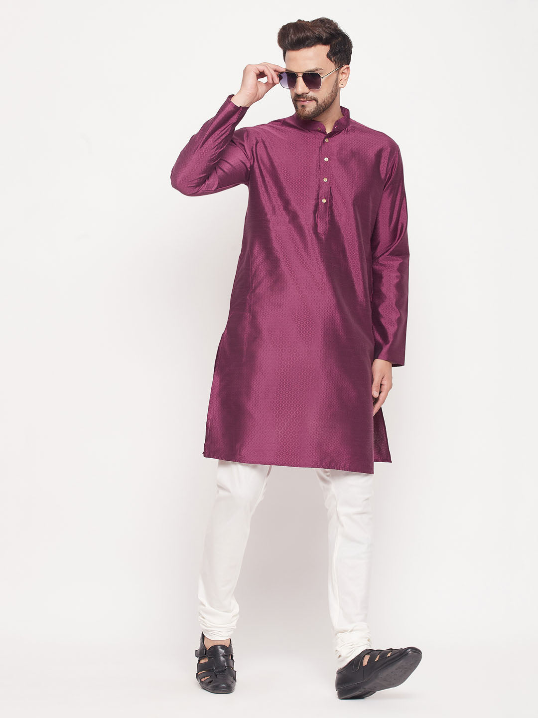 Sarvati Men's Purple Square Woven Design Silk Blend Kurta With Cream Pyjama Set