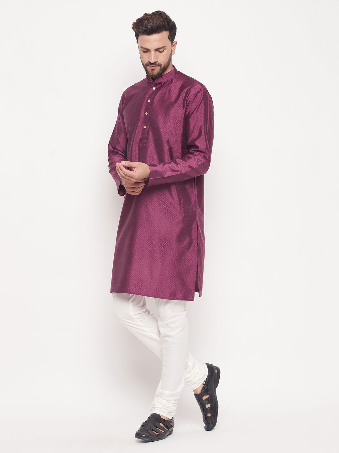 Sarvati Men's Purple Square Woven Design Silk Blend Kurta With Cream Pyjama Set