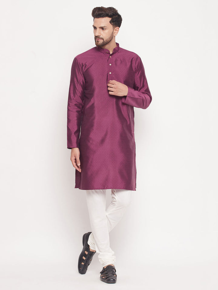 Sarvati Men's Purple Square Woven Design Silk Blend Kurta With Cream Pyjama Set