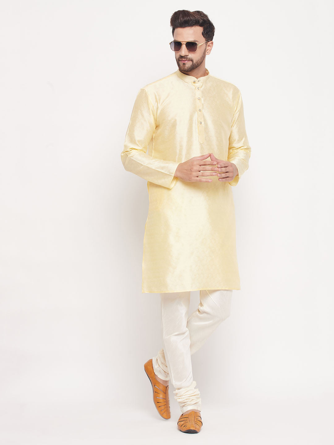 Sarvati Men's Beige Woven Kurta Pyjama Set