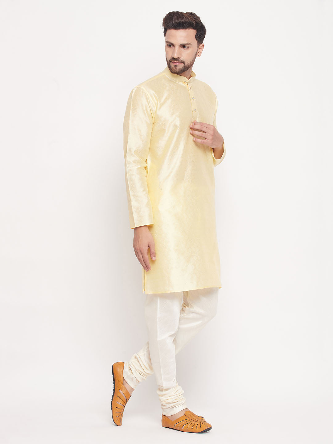 Sarvati Men's Beige Woven Kurta Pyjama Set