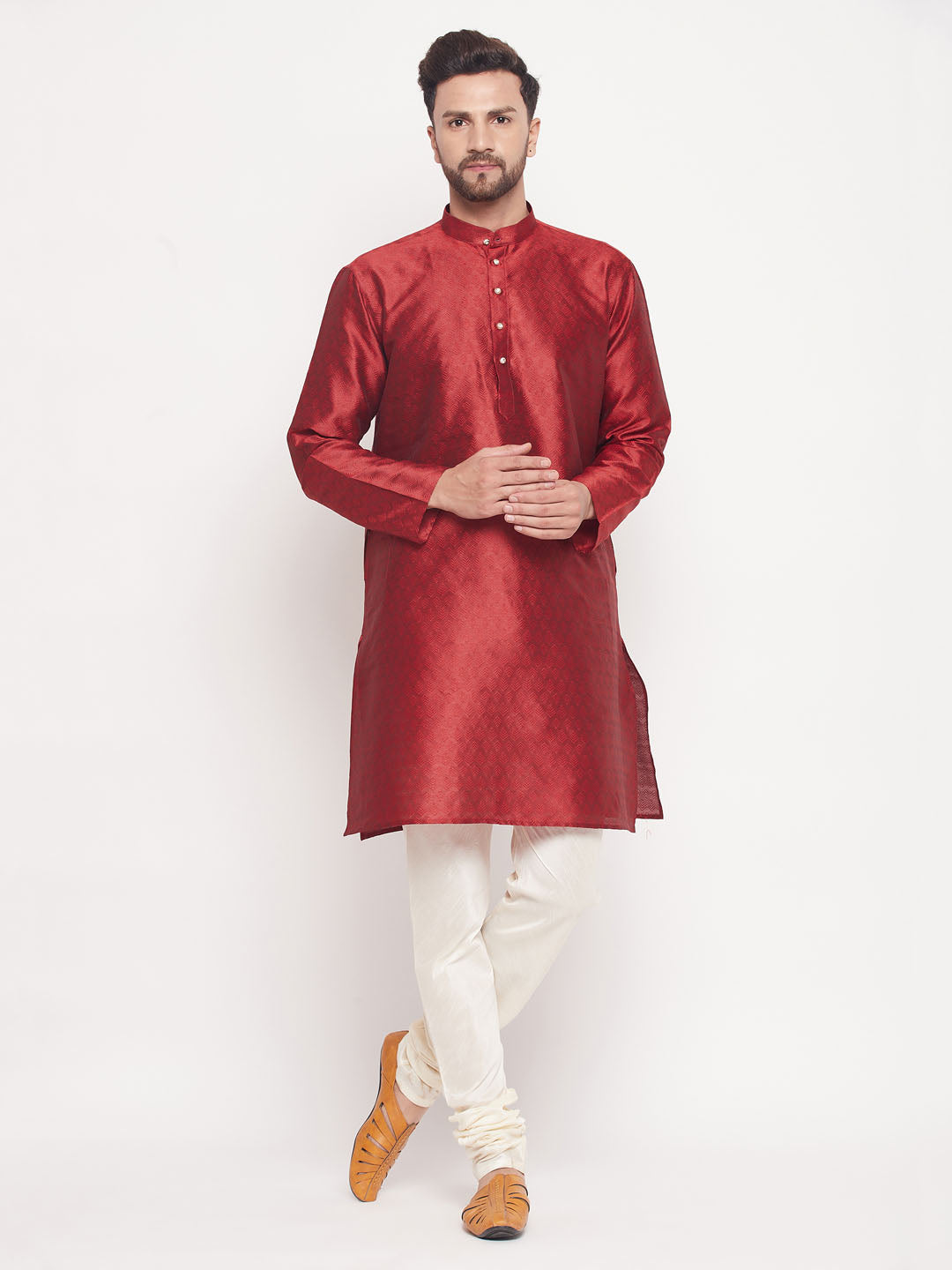 Sarvati Men's Maroon Woven Kurta Pyjama Set