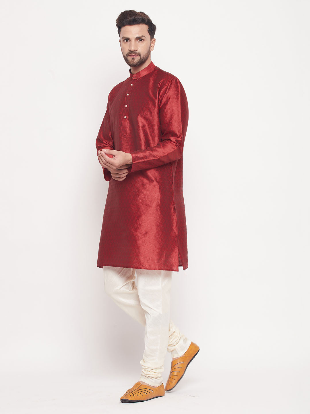 Sarvati Men's Maroon Woven Kurta Pyjama Set