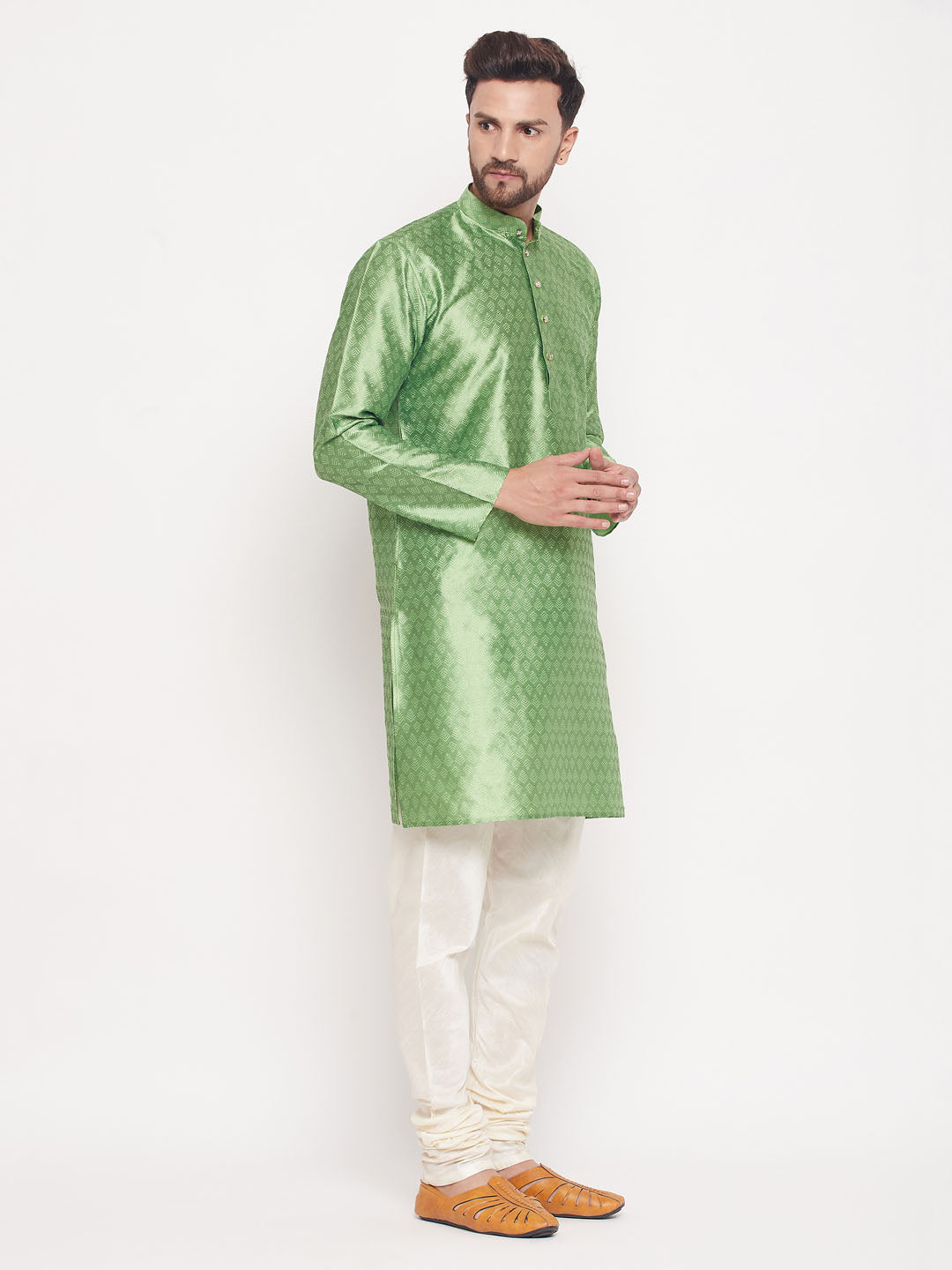 Sarvati Men's Mint Green Woven Kurta Pyjama Set