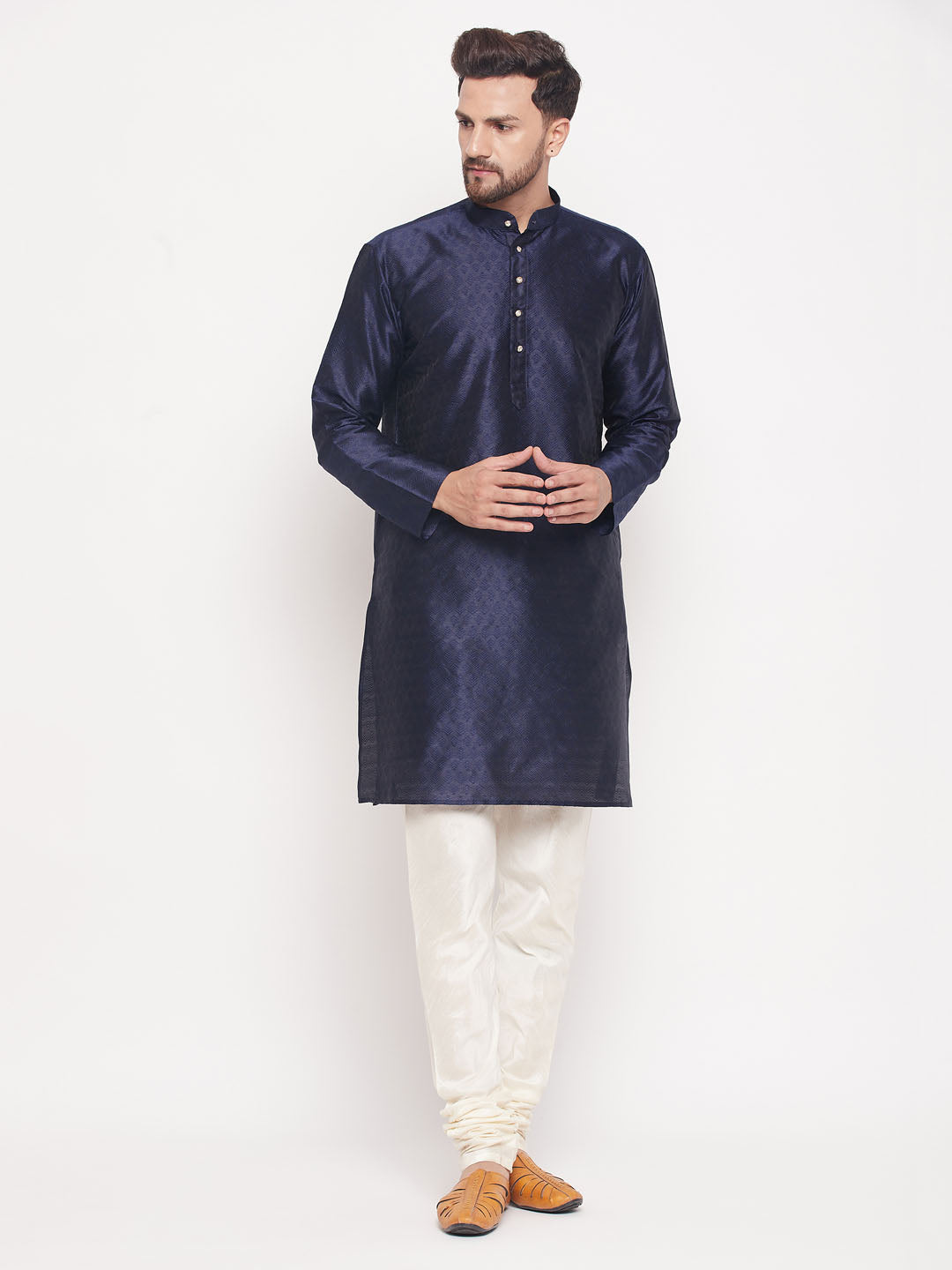 Sarvati Men's Navy Blue Woven Kurta Pyjama Set