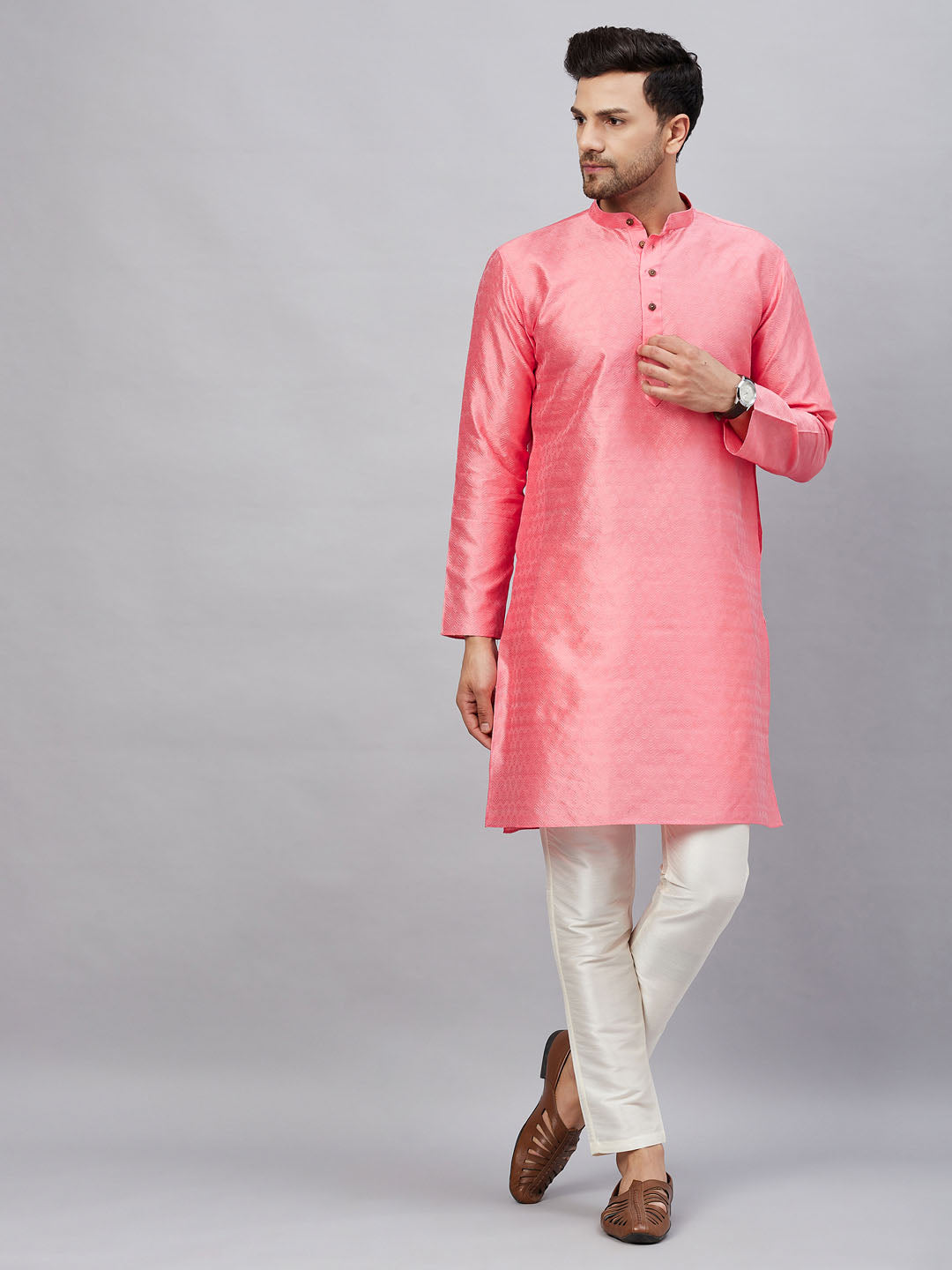 Sarvati Men's Pink Woven Kurta With pant Set