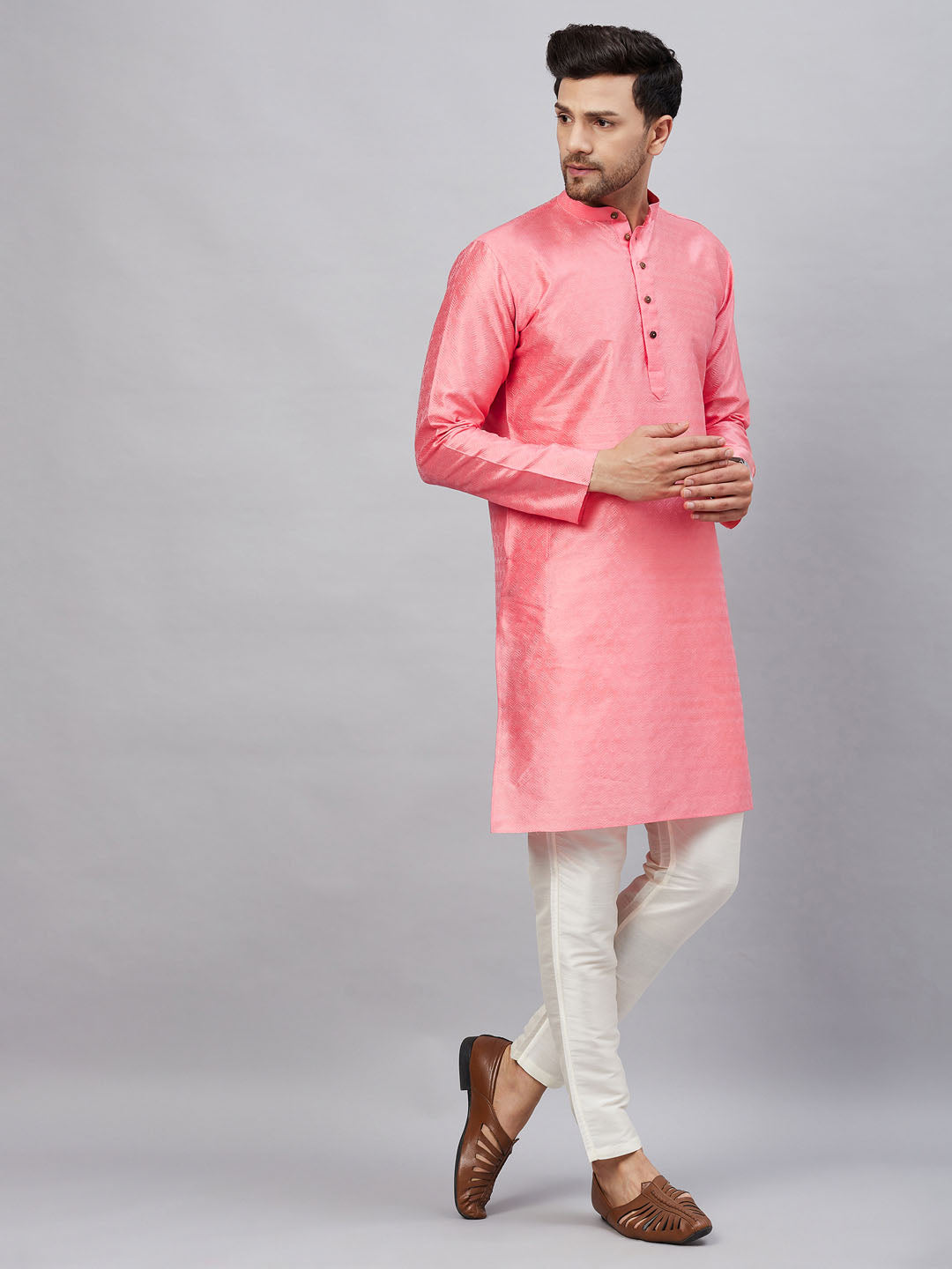 Sarvati Men's Pink Woven Kurta With pant Set