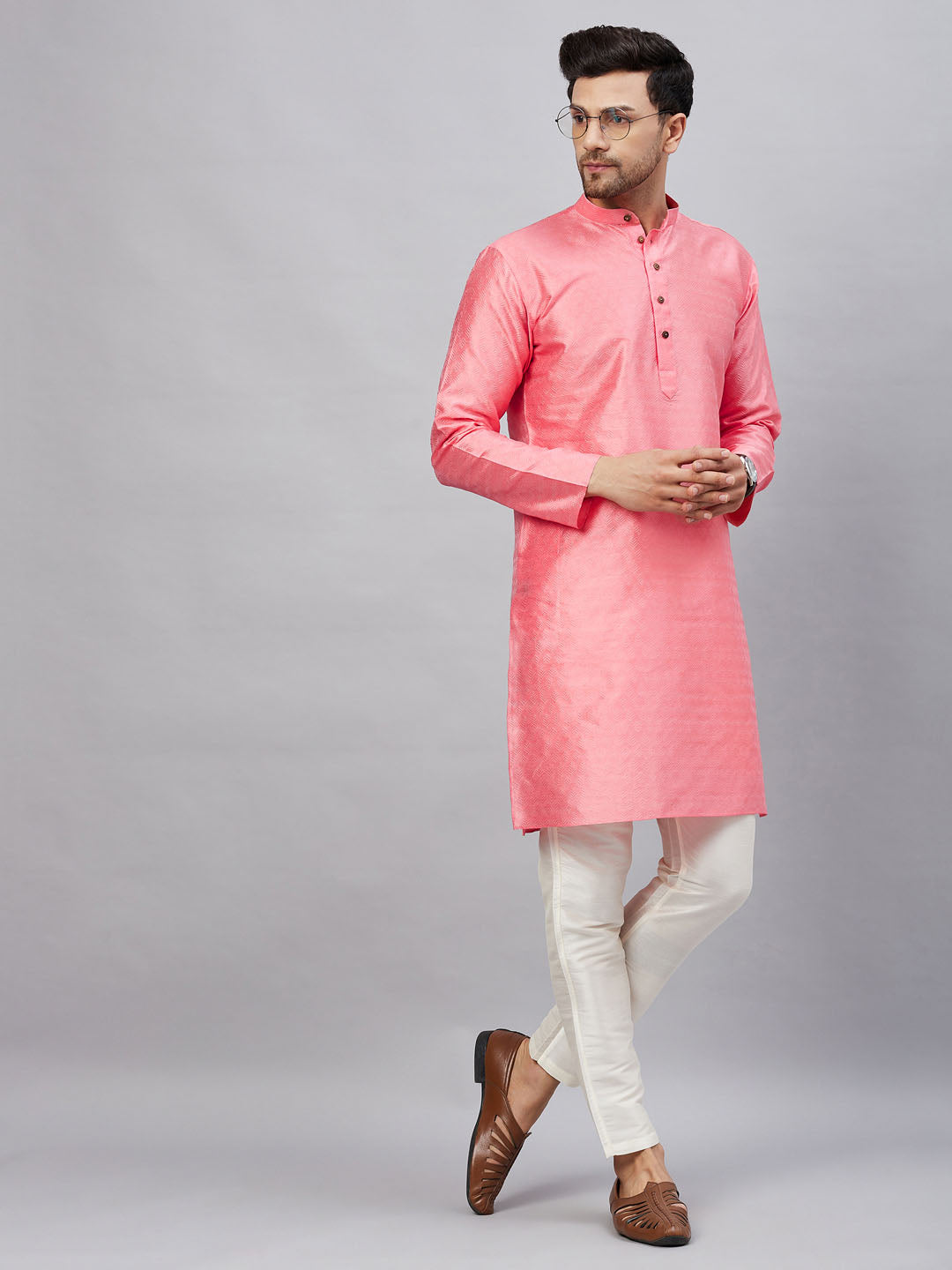 Sarvati Men's Pink Woven Kurta With pant Set