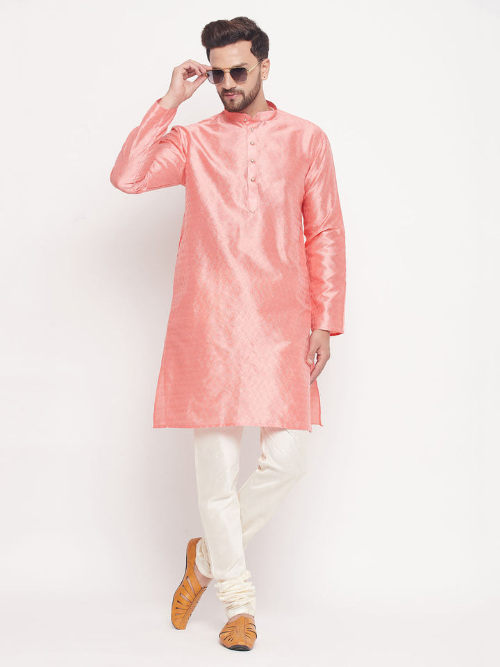 Sarvati Men's Pink Woven Silk Blend Kurta Pyjama Set