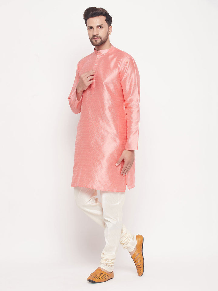 Sarvati Men's Pink Woven Silk Blend Kurta Pyjama Set